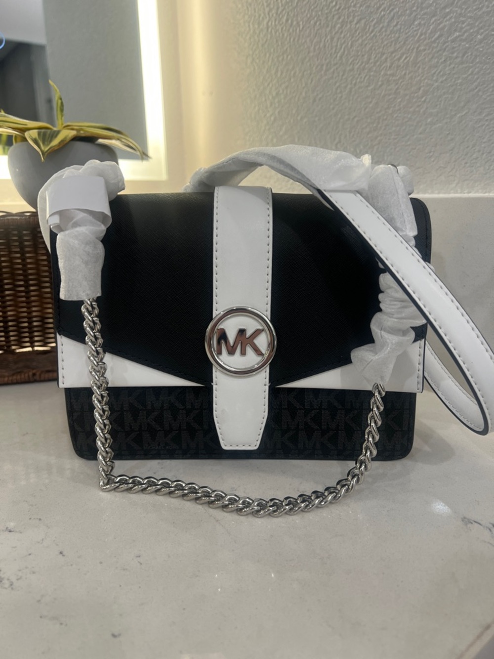 Michael Kors Black and White MK Chain Shoulder Bag